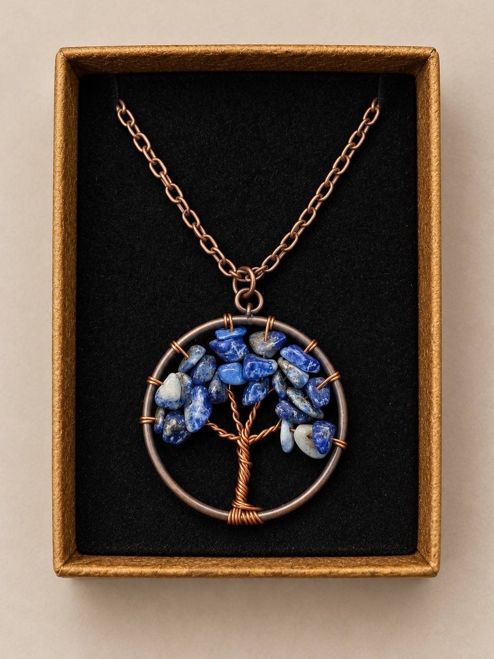 Boutique Copper Sodalite Blue Tree of Life Pendant Necklace Women Medium Boho